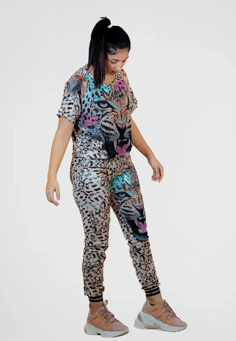 Women's Leopard Print Loose T-Shirt and Pants Pajama Set