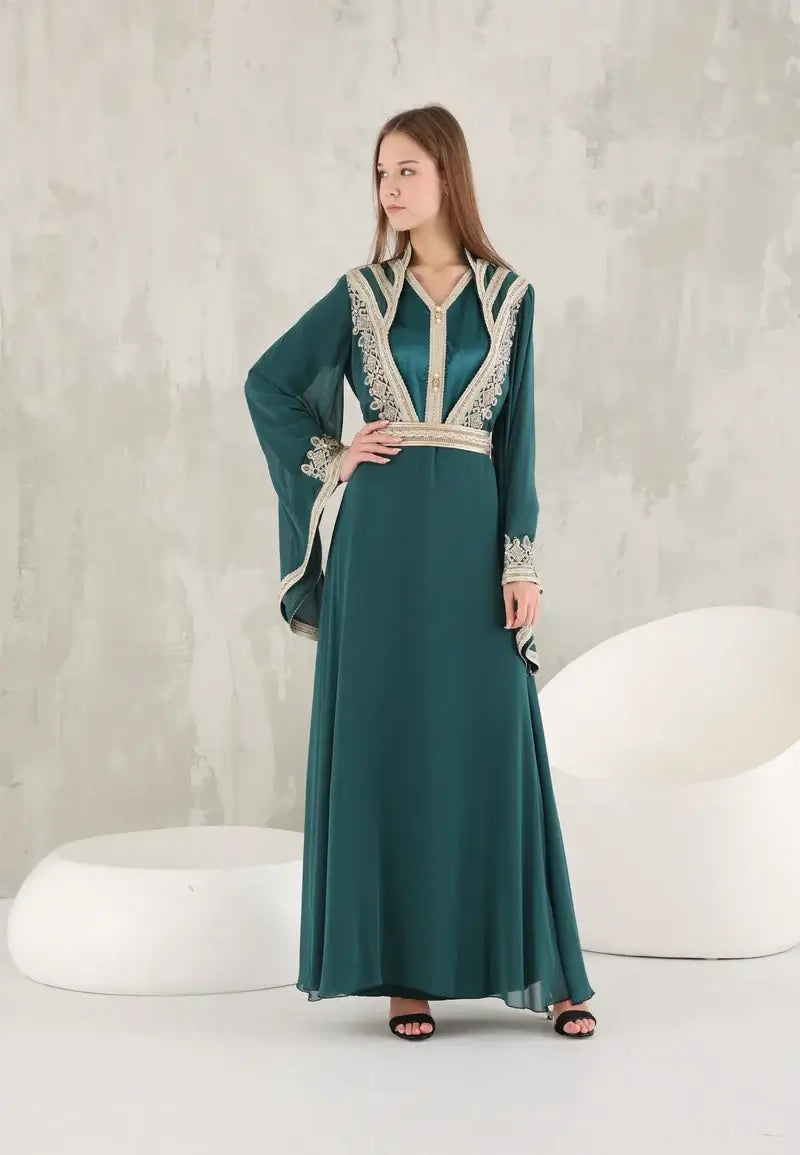 Green Moroccan caftan with gold thread embroidery