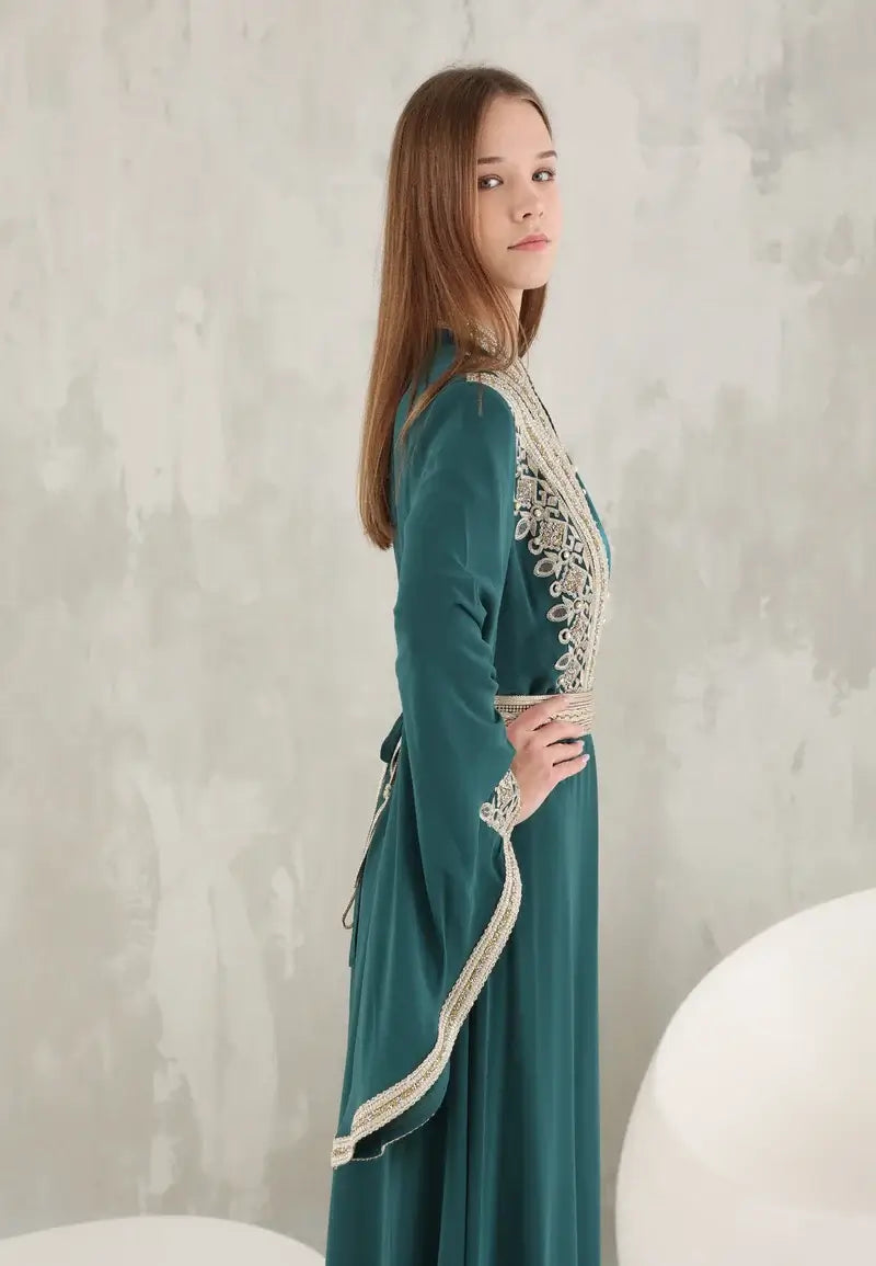 Green Moroccan caftan with gold thread embroidery