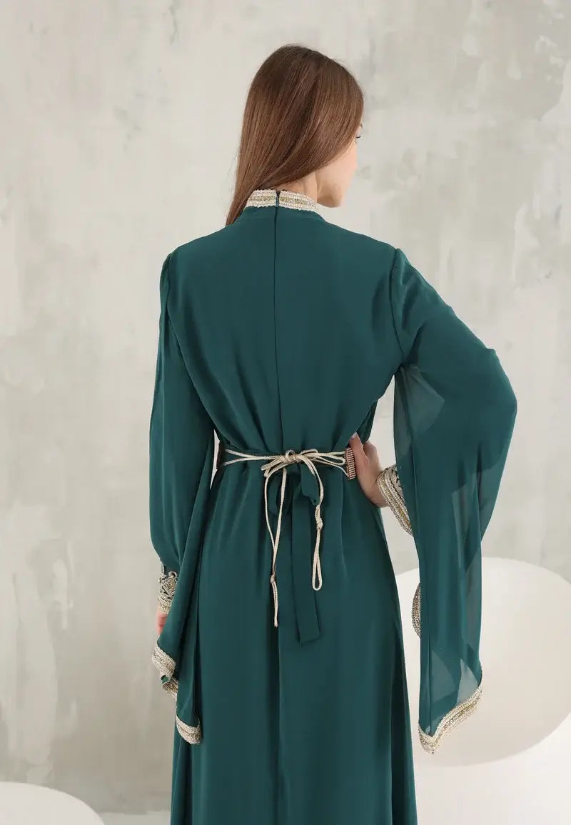 Green Moroccan caftan with gold thread embroidery