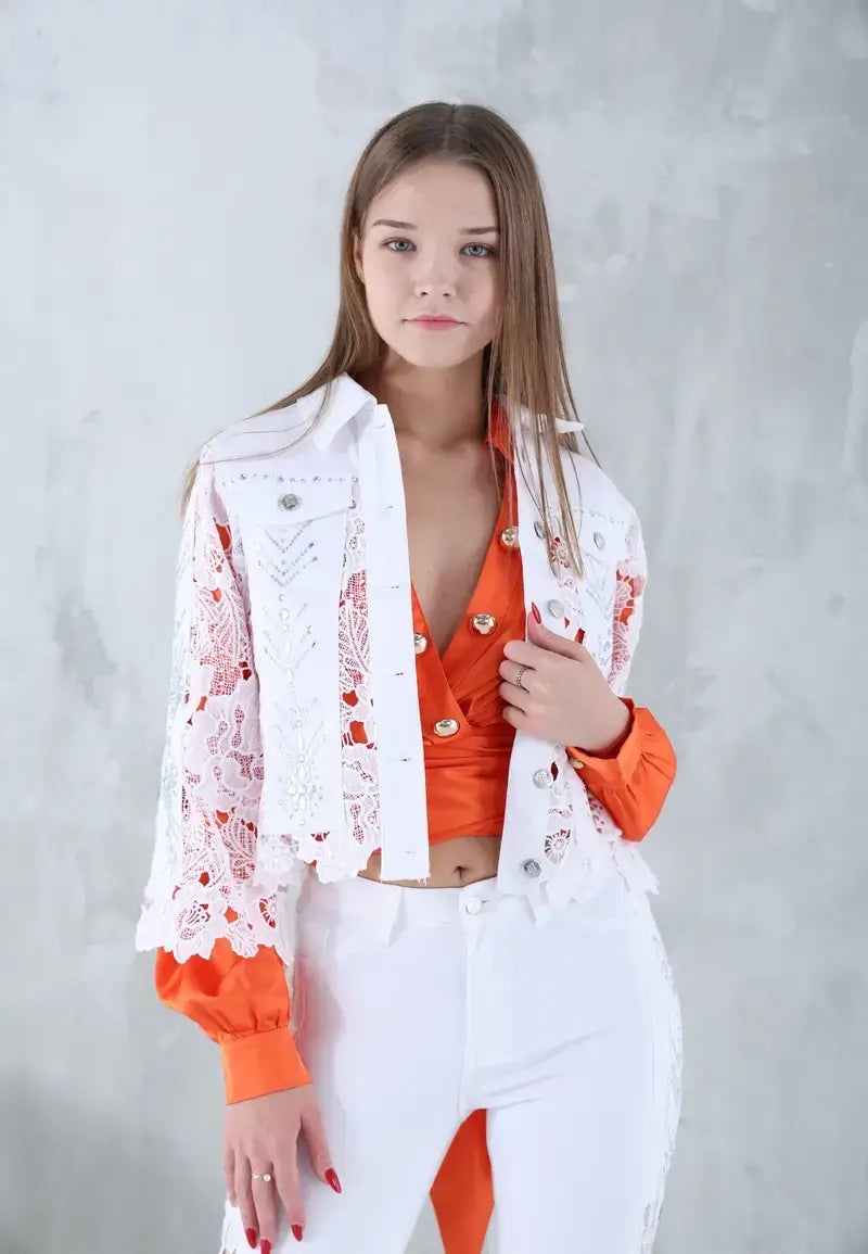Women's Jeans Set Jacket with Pants Decorated with Diamonds and Soft Patterns
