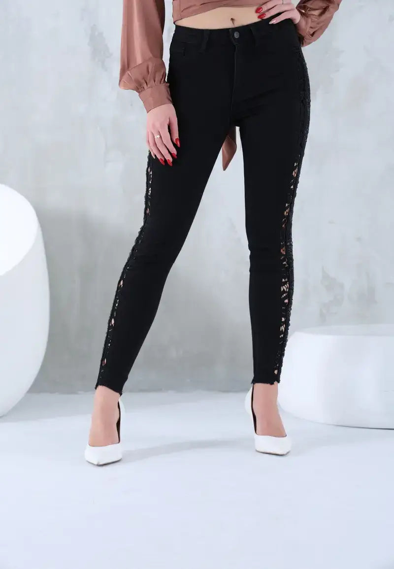 Women's Jeans Set Jacket with Pants Decorated with Diamonds and Soft Patterns