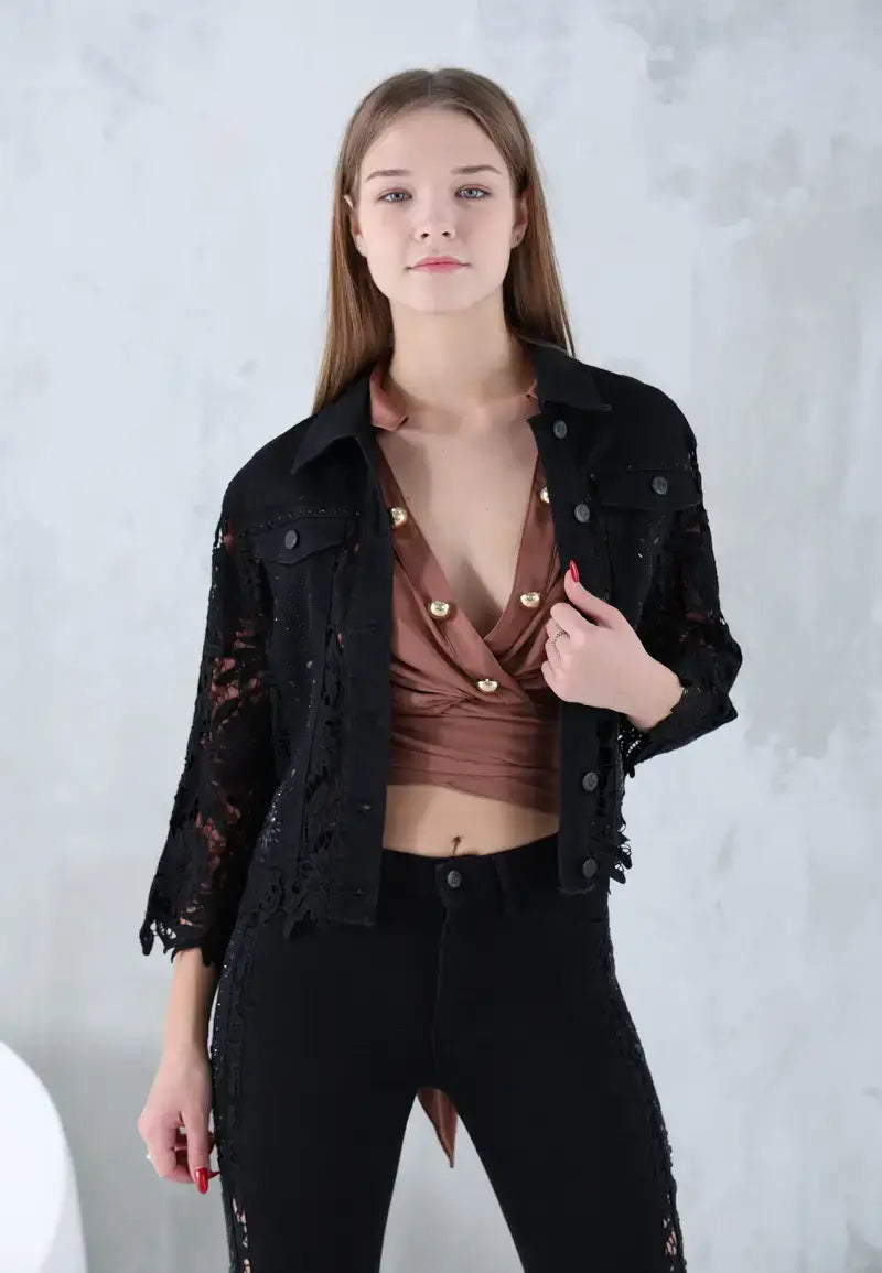 Women's Jeans Set Jacket with Pants Decorated with Diamonds and Soft Patterns