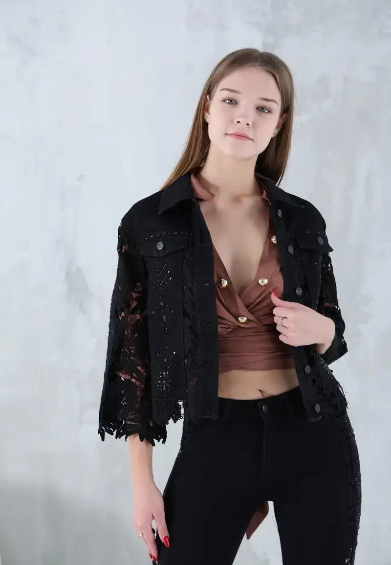 Women's Jeans Set Jacket with Pants Decorated with Diamonds and Soft Patterns