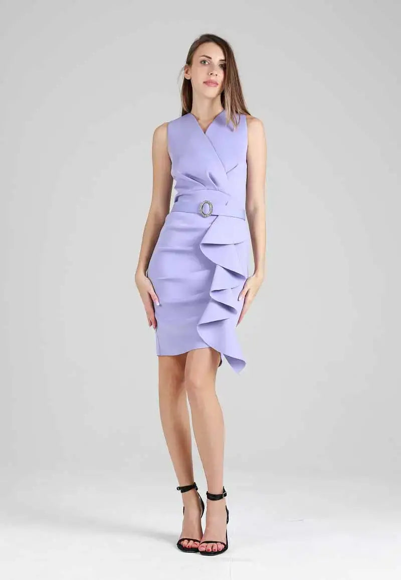 Sleeveless ruffle mini dress with belt at waist