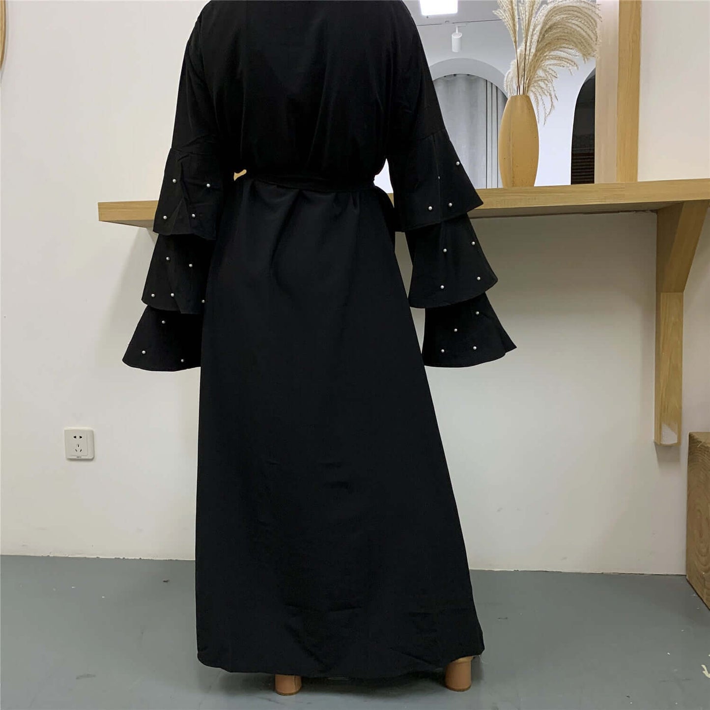 Muslim Fashion Bead Flare Sleeve Tie-neck Cardigan