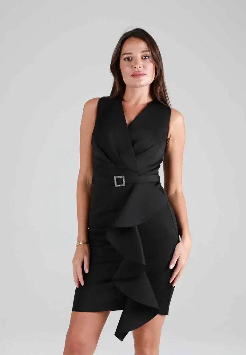 Sleeveless ruffle mini dress with belt at waist