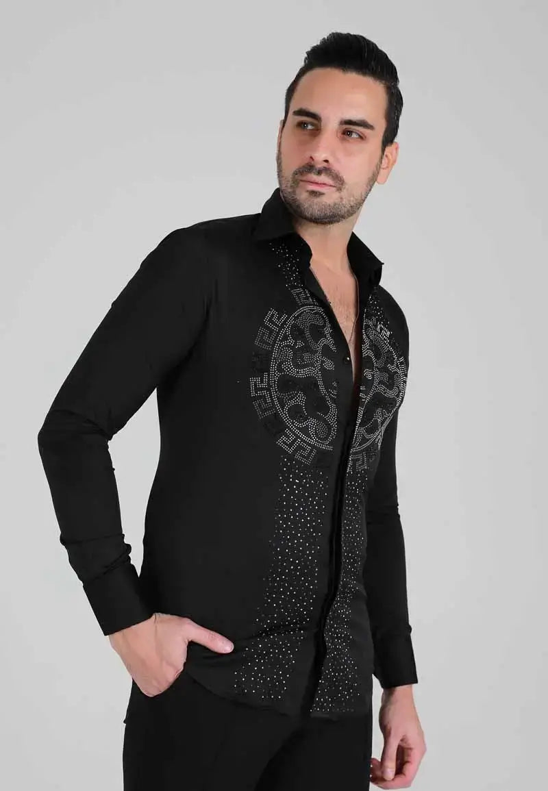 قميص رجالي أنيق مرصع بالألماس باللونين الأبيض والأسود