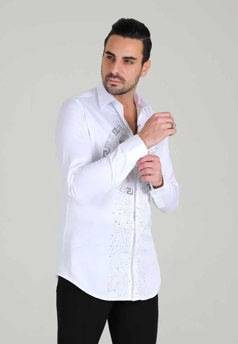 قميص رجالي أنيق مرصع بالألماس باللونين الأبيض والأسود