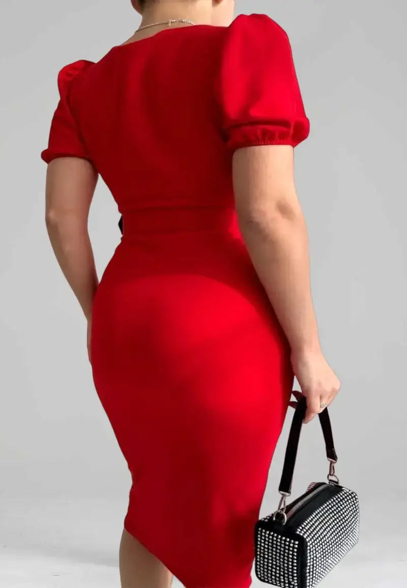 Women's bare neck short balloon sleeve midi dress with belt