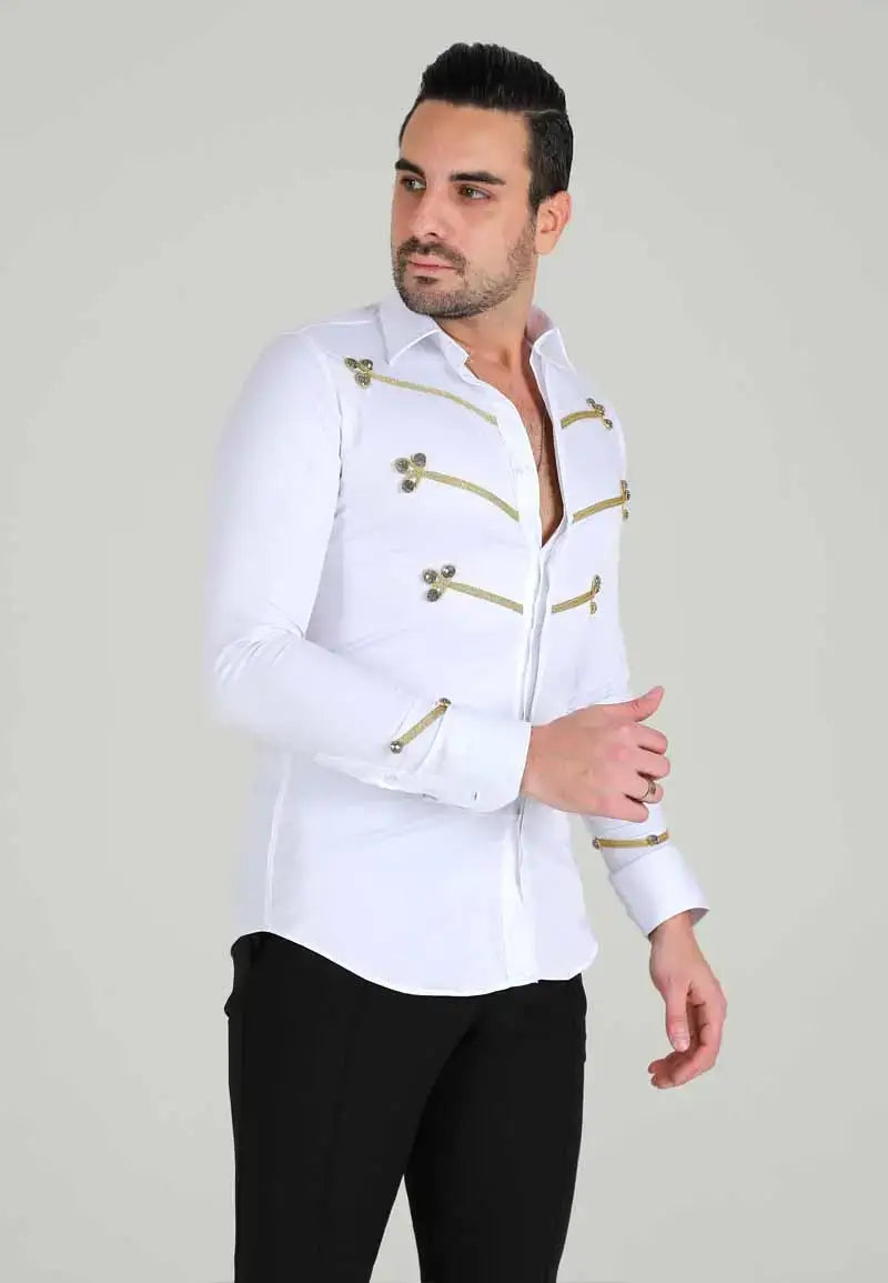 Men's white shirt with gold stripes on the chest