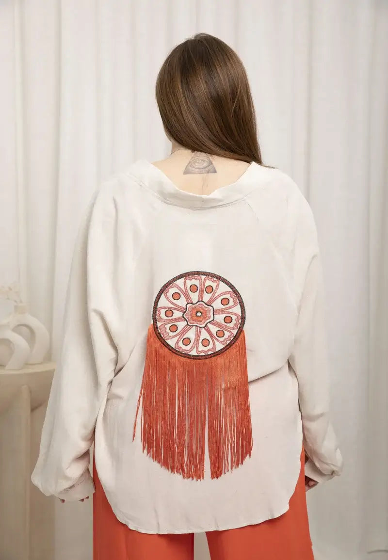 Women's linen jacket with embroidery on the back