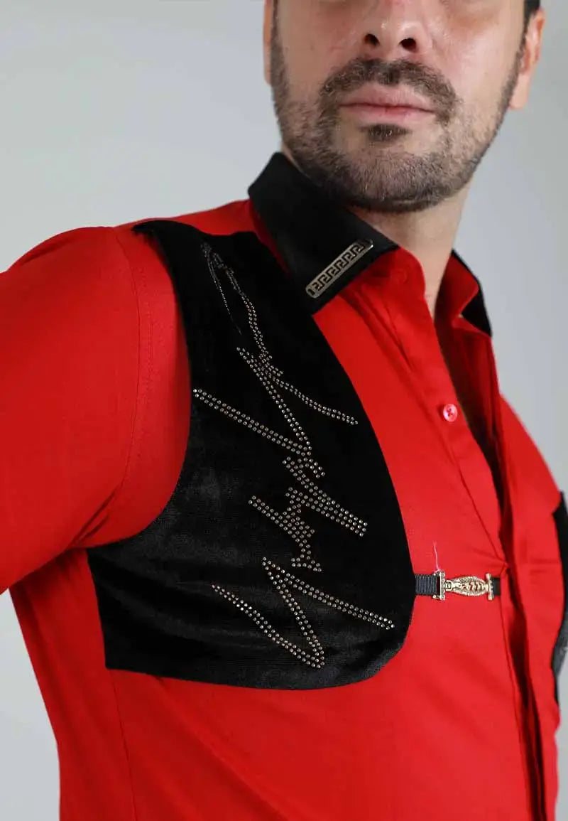 Men's red shirt decorated with gold diamonds