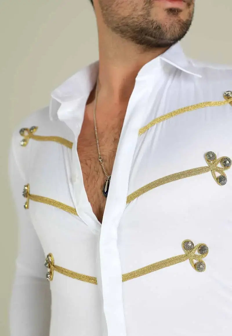 Men's white shirt with gold stripes on the chest
