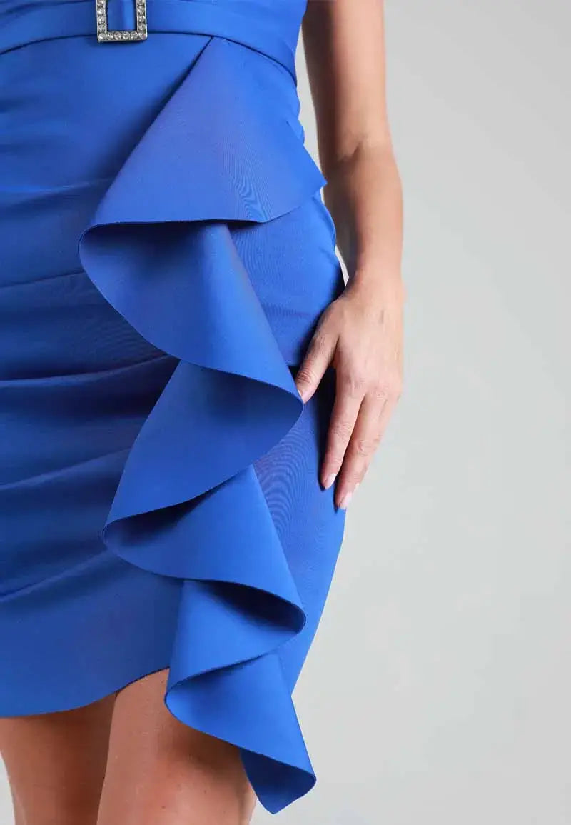 Sleeveless ruffle mini dress with belt at waist