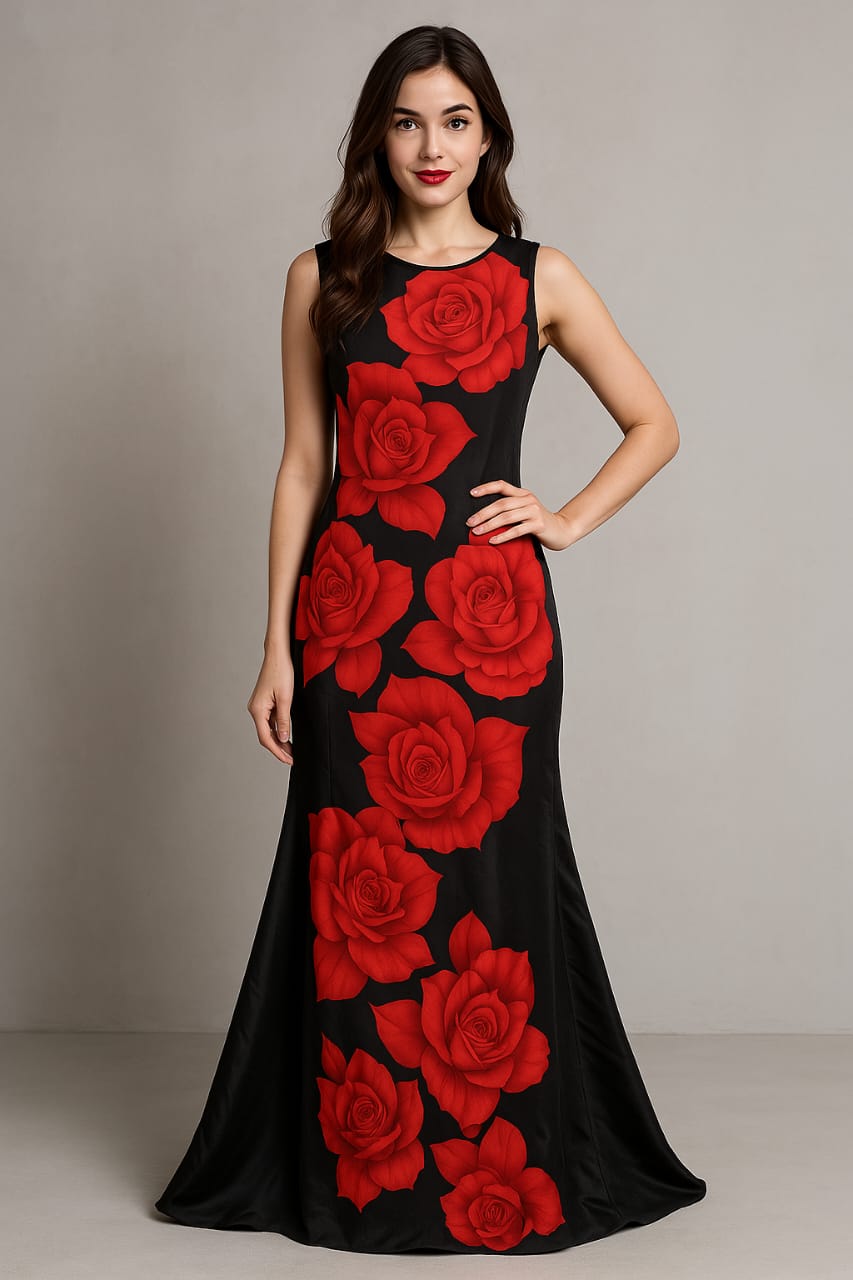 Women's long black dress with large red floral print.