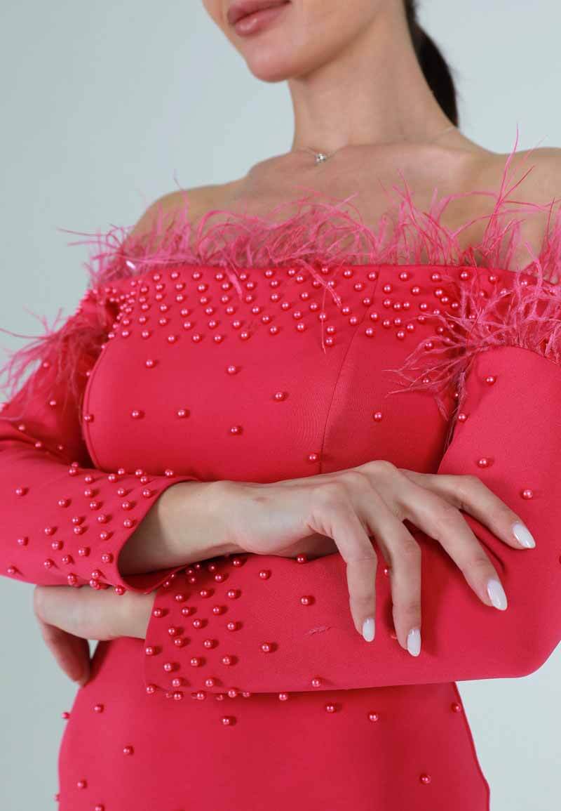 Pink off-the-shoulder dress with pink beading