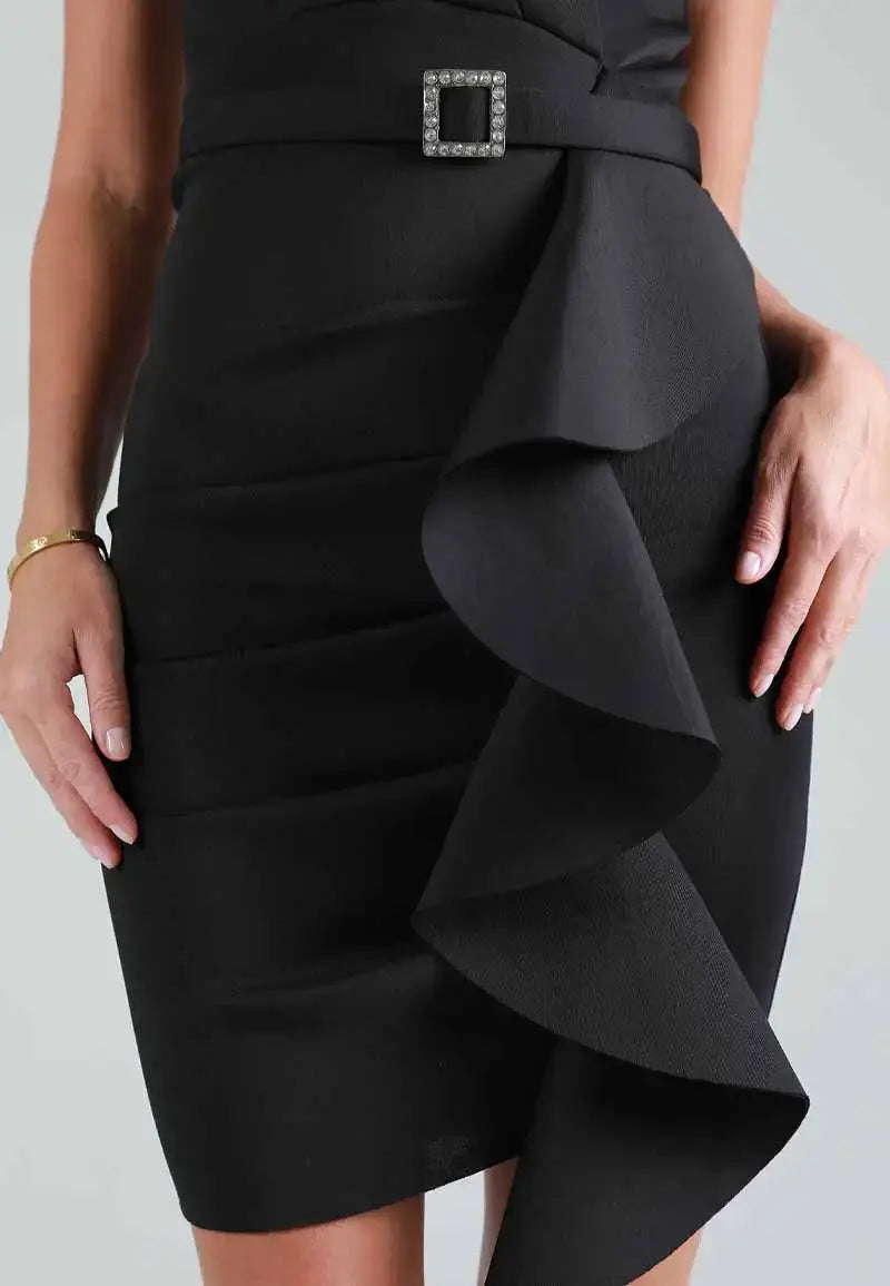 Sleeveless ruffle mini dress with belt at waist