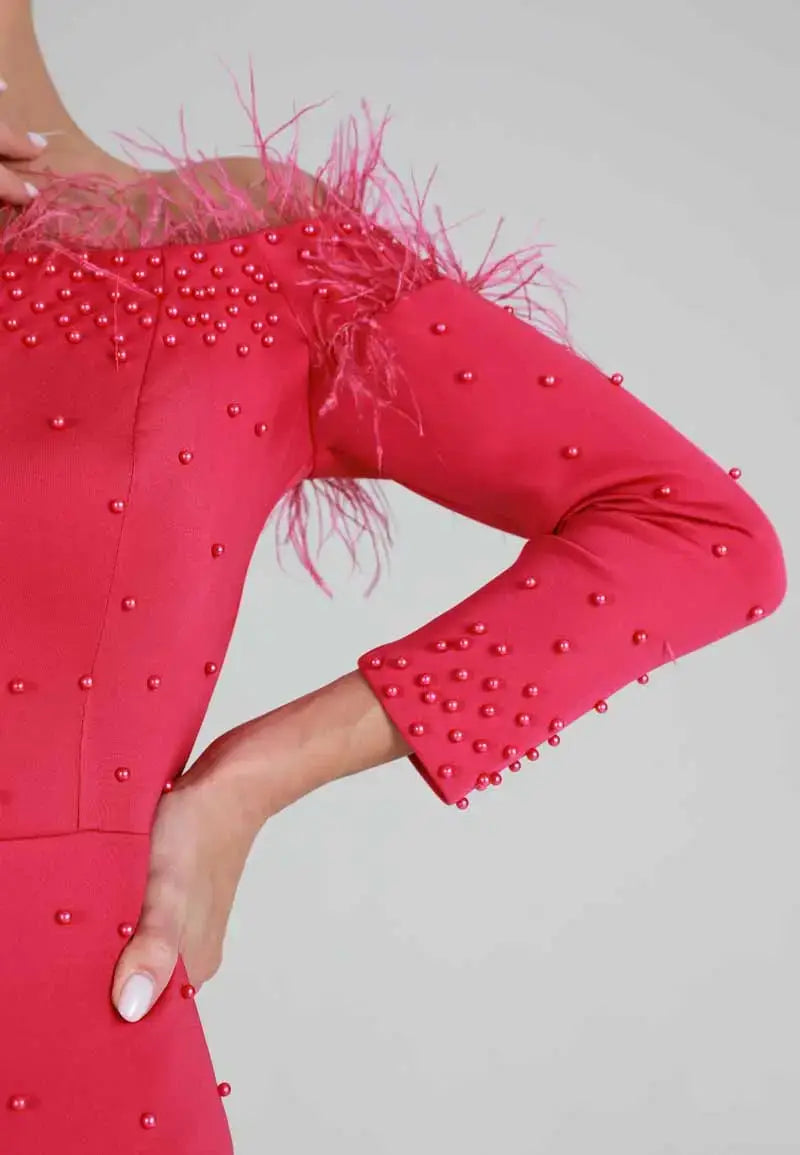 Pink off-the-shoulder dress with pink beading