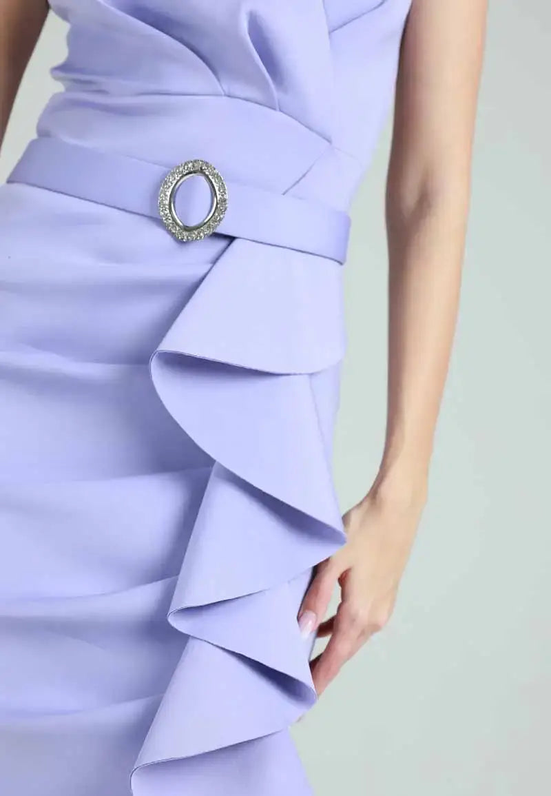 Sleeveless ruffle mini dress with belt at waist