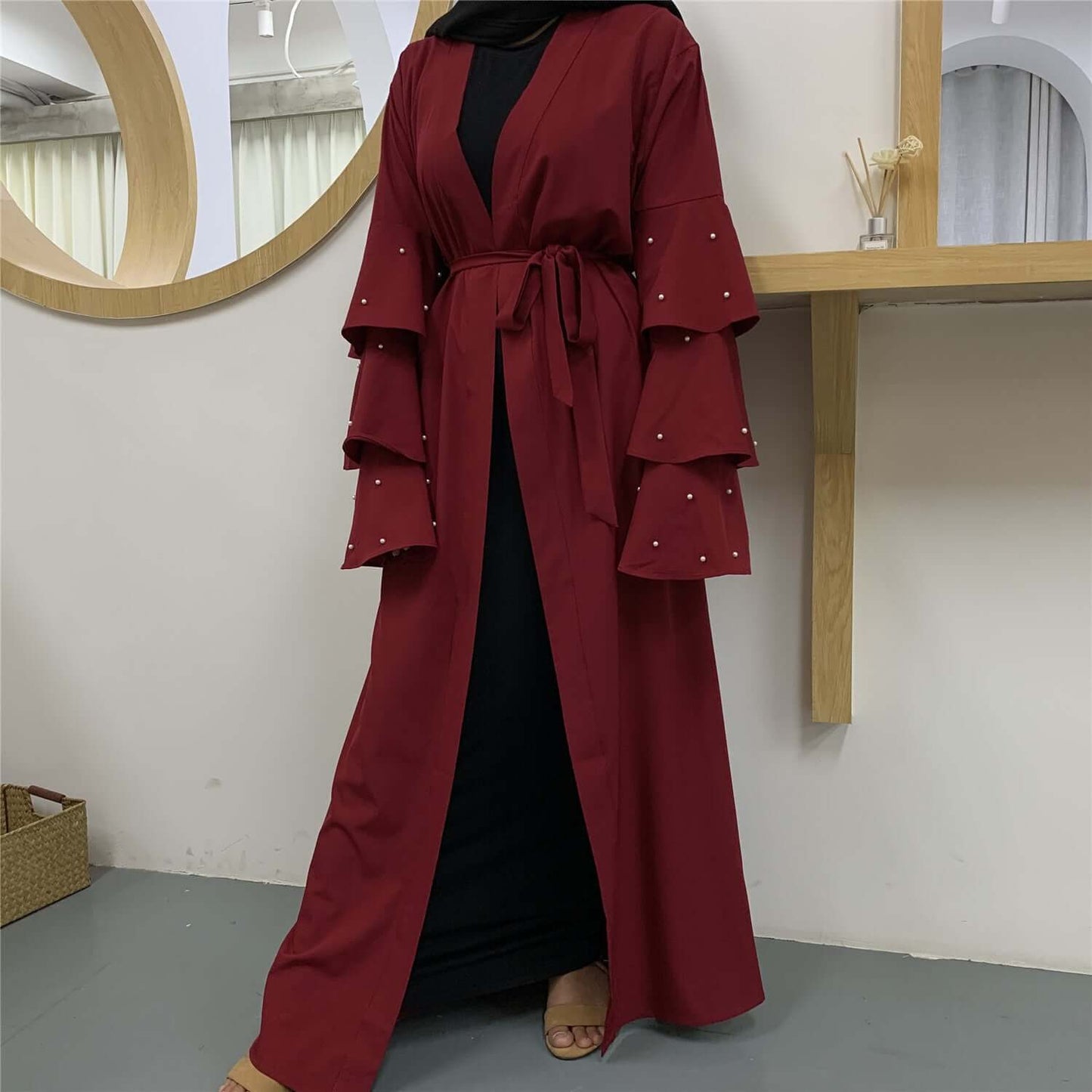 Muslim Fashion Bead Flare Sleeve Tie-neck Cardigan