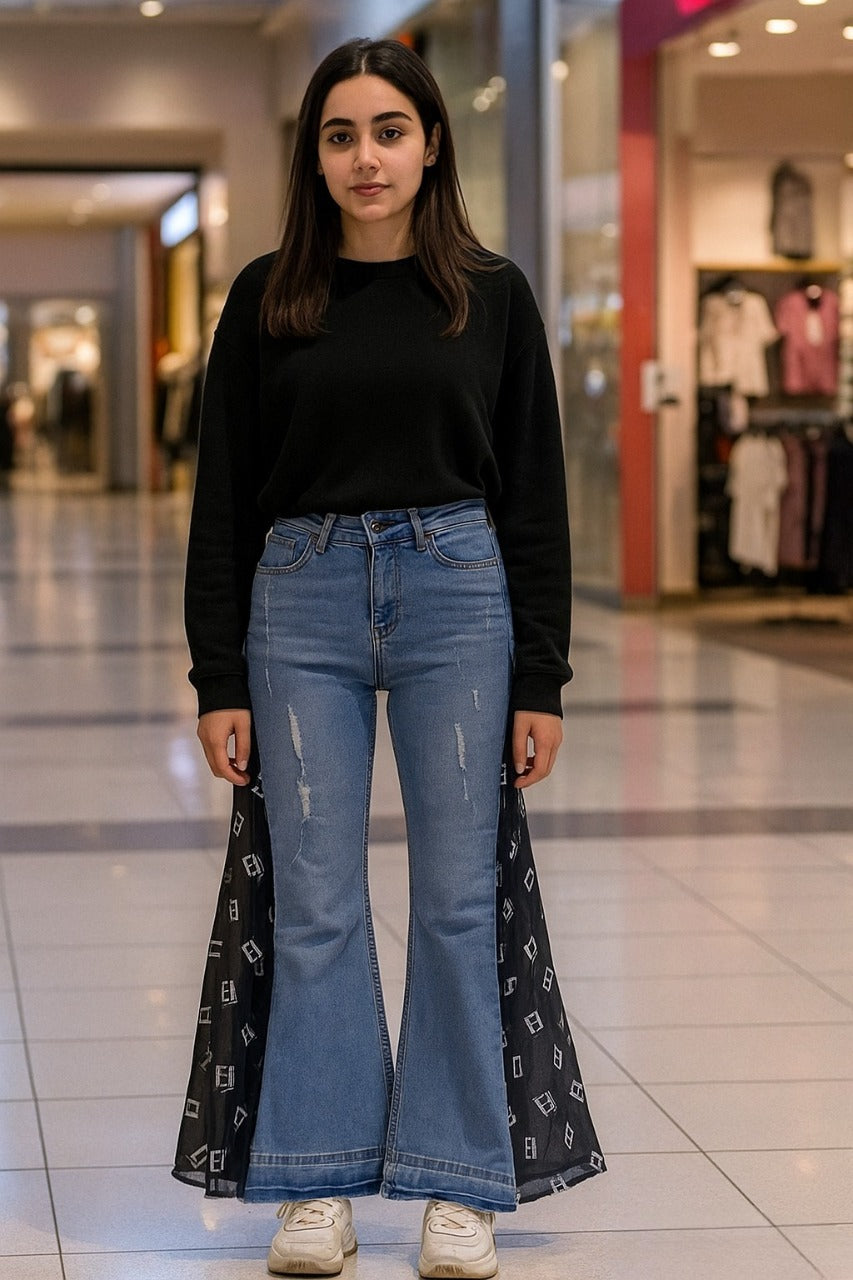 Jeans with black chiffon side line