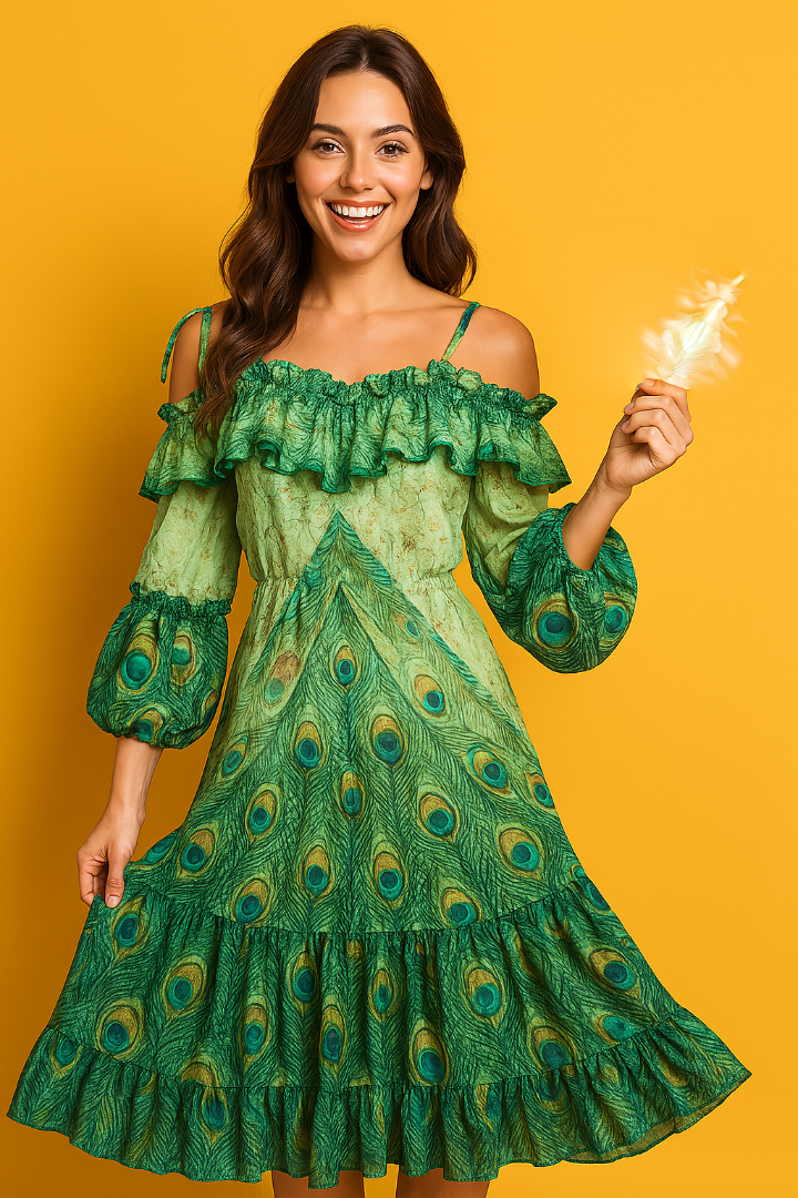 Peacock Feather Chiffon Dress