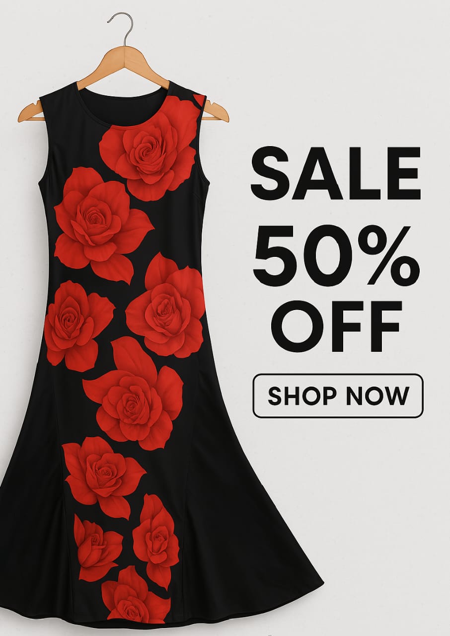 Women's long black dress with large red floral print.