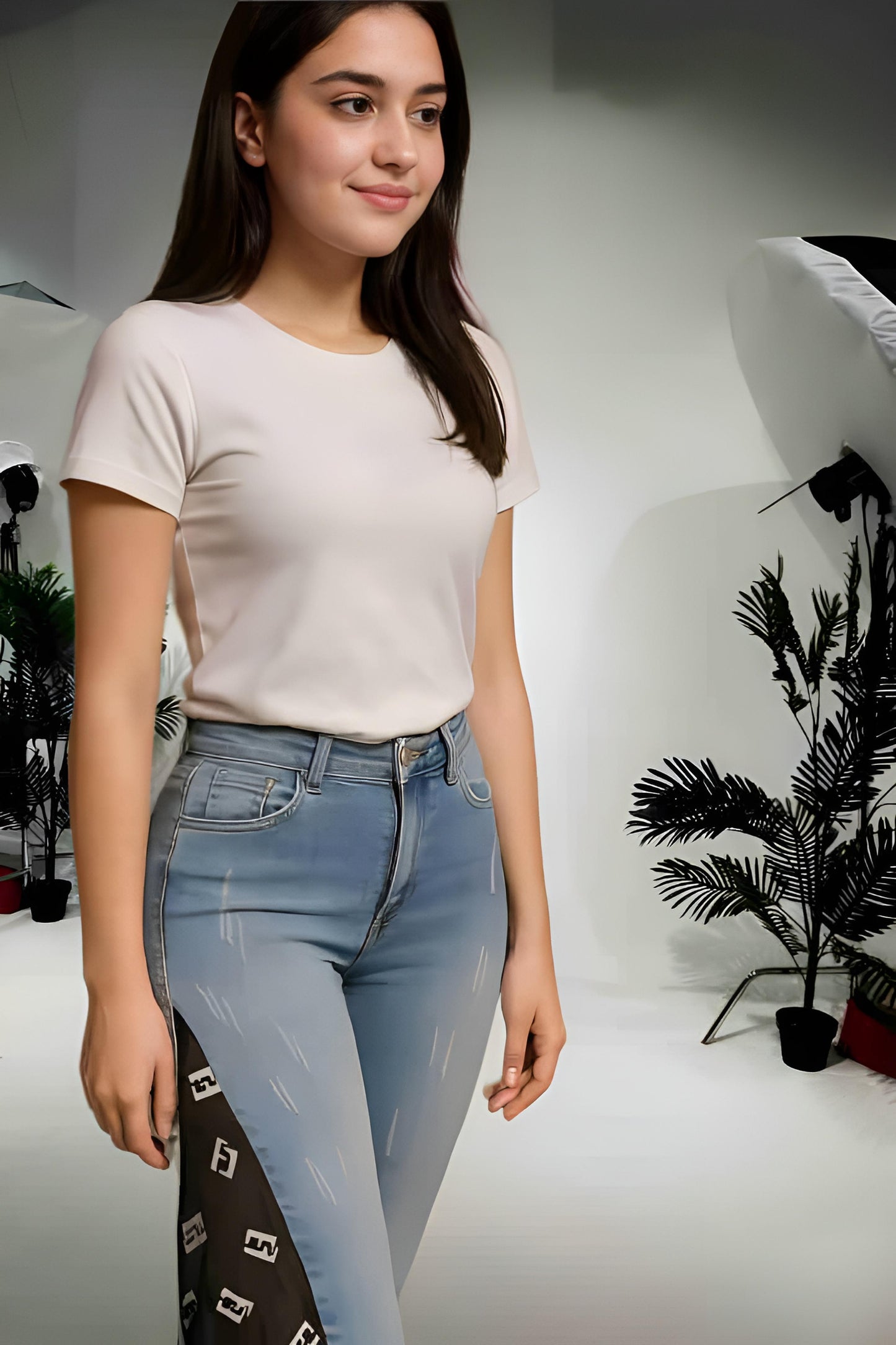 Jeans with black chiffon side line