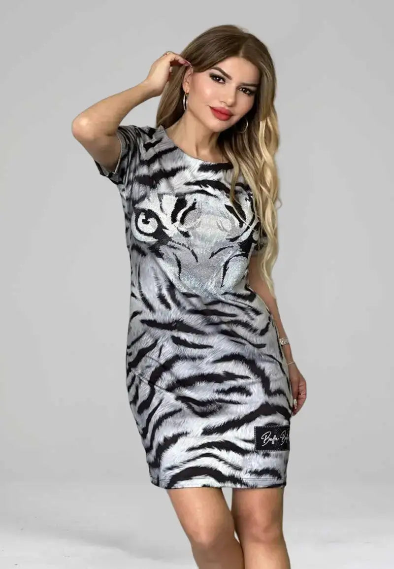 Short dress with tiger print and soft fabric