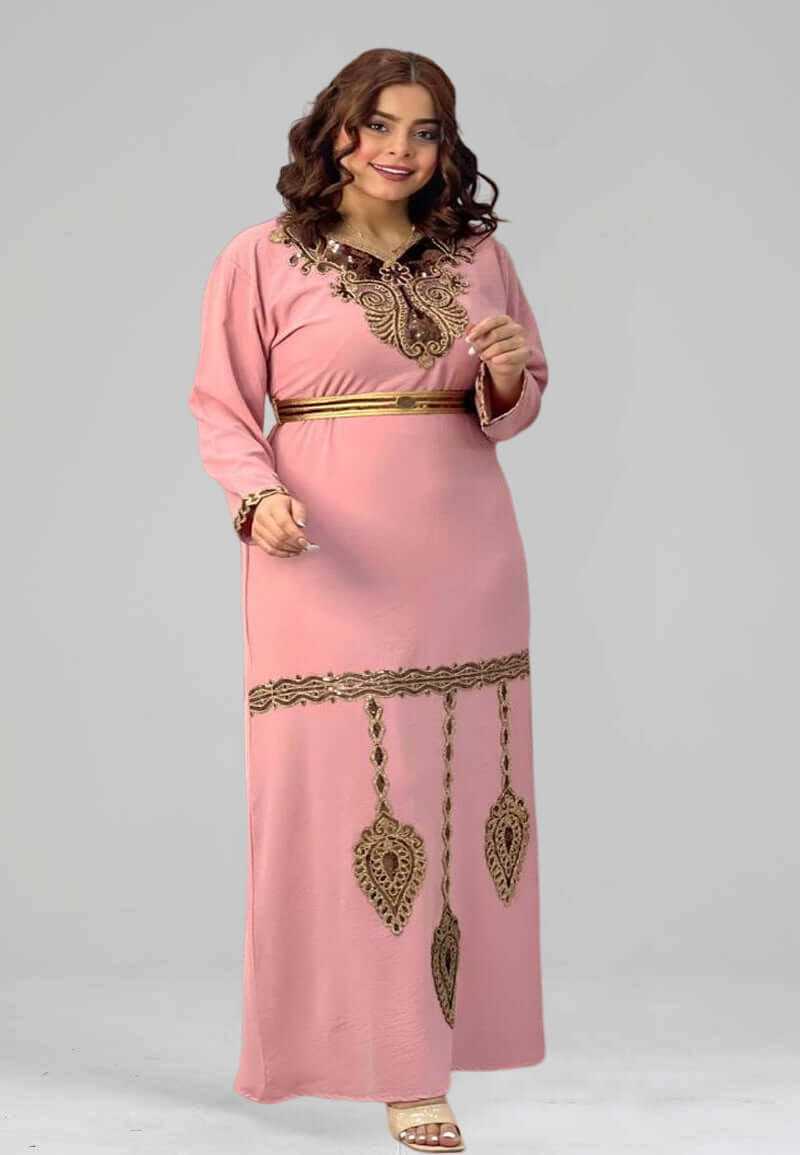 فستان زهري أنيق بتصميم تركي مع تطريز ذهبي
