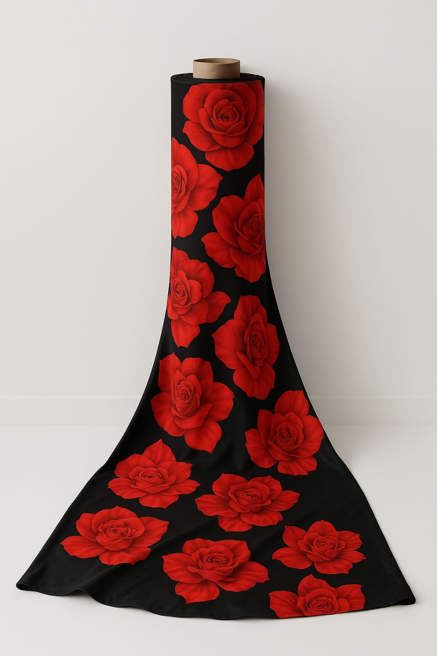 Women's long black dress with large red floral print.