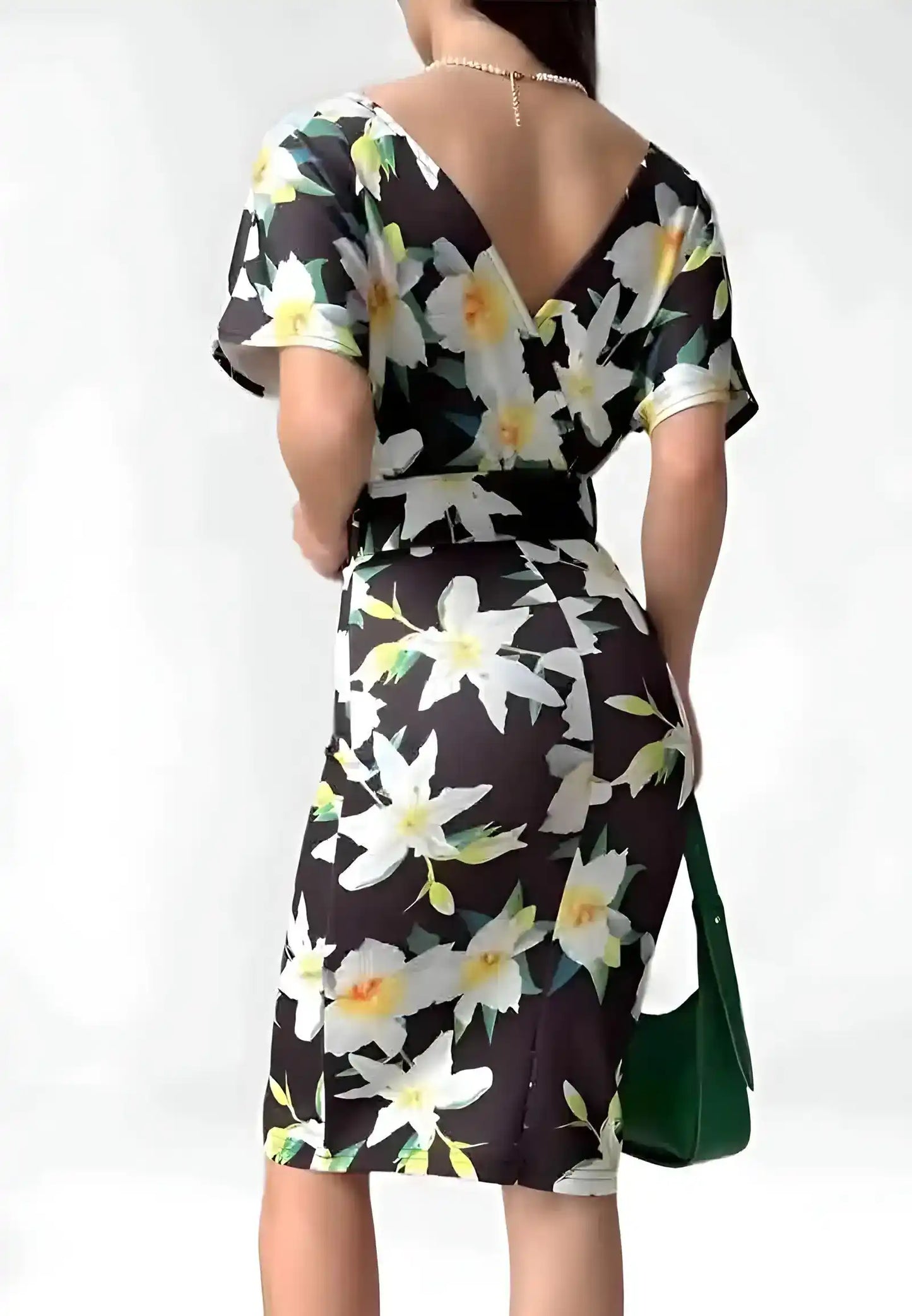 Summer women's dress decorated with roses with belt at the waist