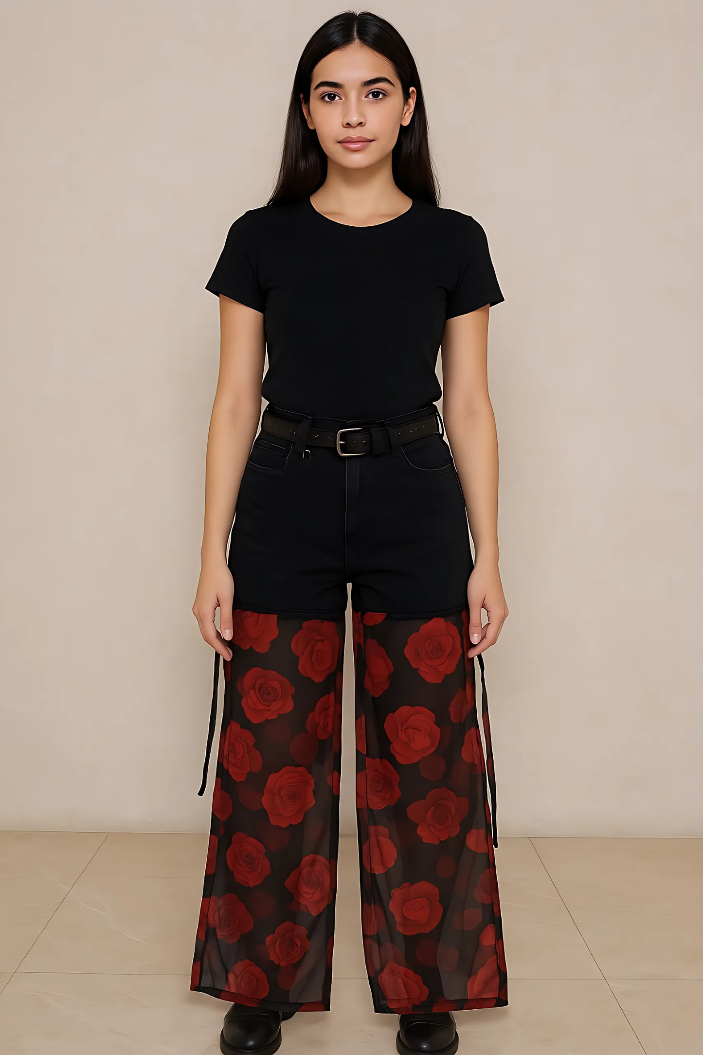 Women's Half Chiffon Floral Embroidered Jeans