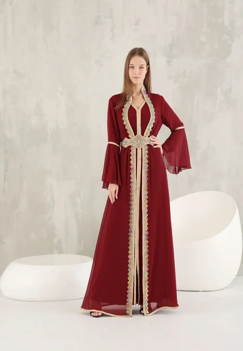 Dark red Moroccan women's caftan decorated with shiny colored crystals