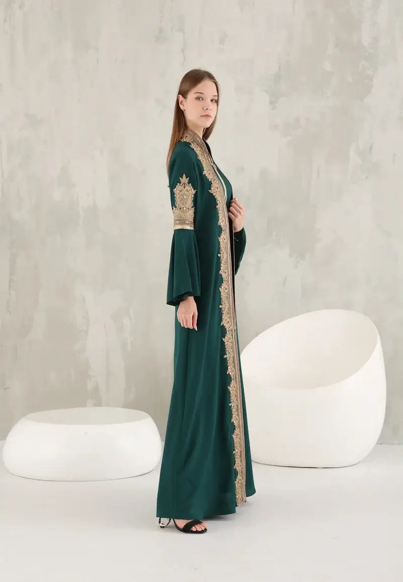 Green Moroccan caftan embroidered on the front and sleeves with golden threads