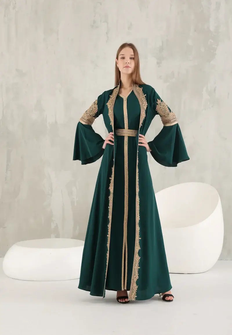 Green Moroccan caftan embroidered on the front and sleeves with golden threads