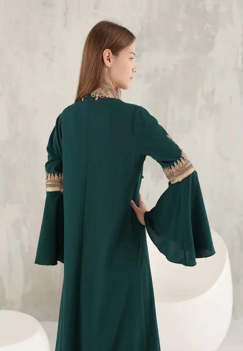 Green Moroccan caftan embroidered on the front and sleeves with golden threads
