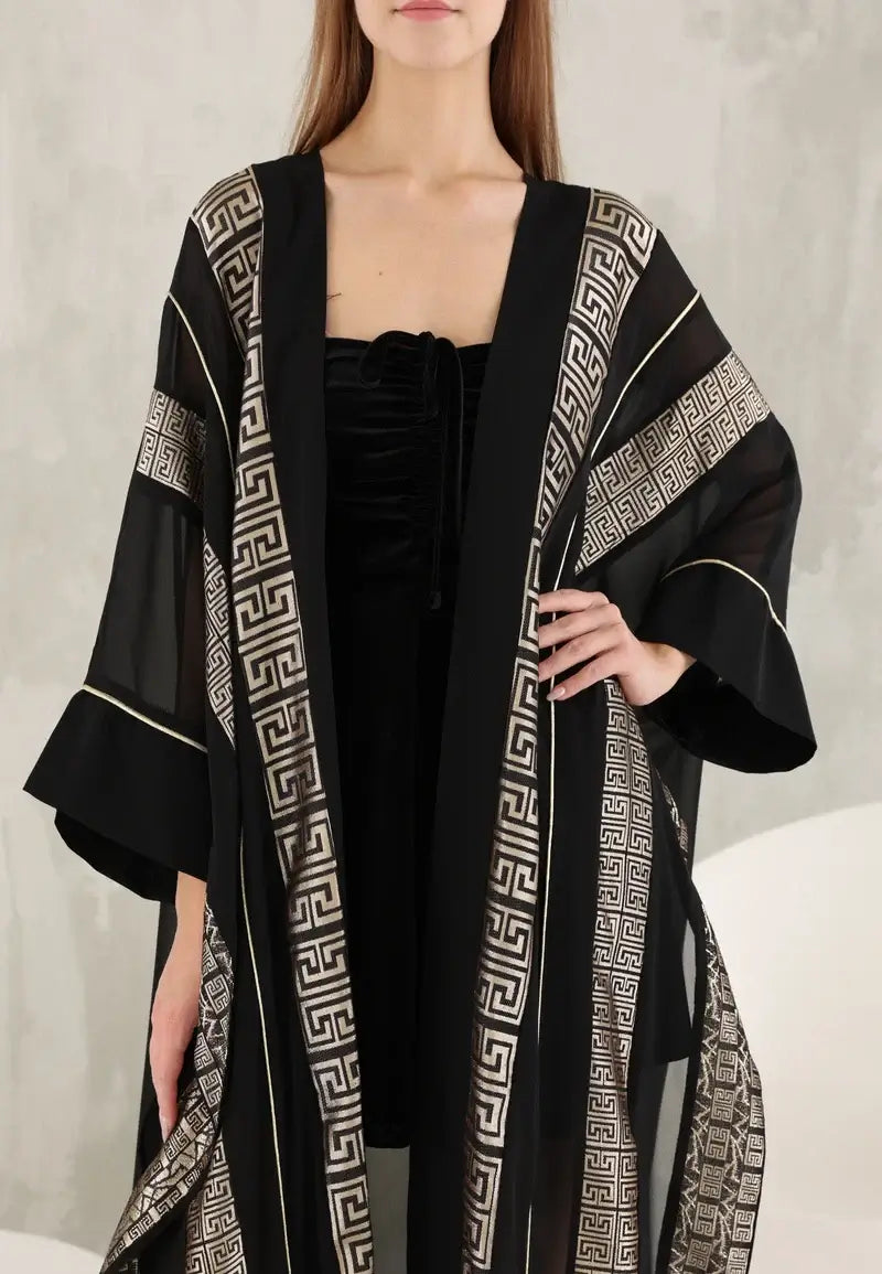 Modern Elegance: Black Abaya with Geometric Gold Accents