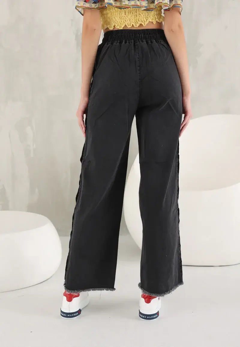 Snap Button Side Wide Leg Jeans