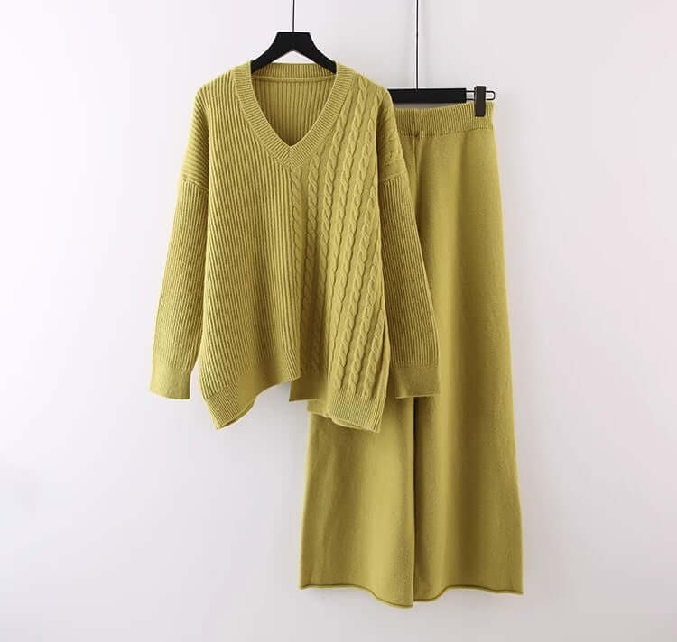 Solid Color And V-neck Sweater Autumn And Winter New Loose Casual Knitted All-matching Wide Leg Pants Two-piece Suit