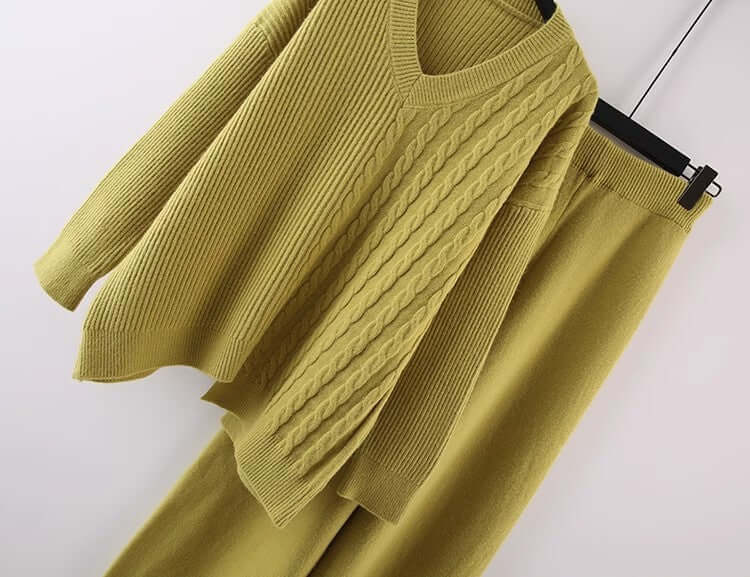 Solid Color And V-neck Sweater Autumn And Winter New Loose Casual Knitted All-matching Wide Leg Pants Two-piece Suit