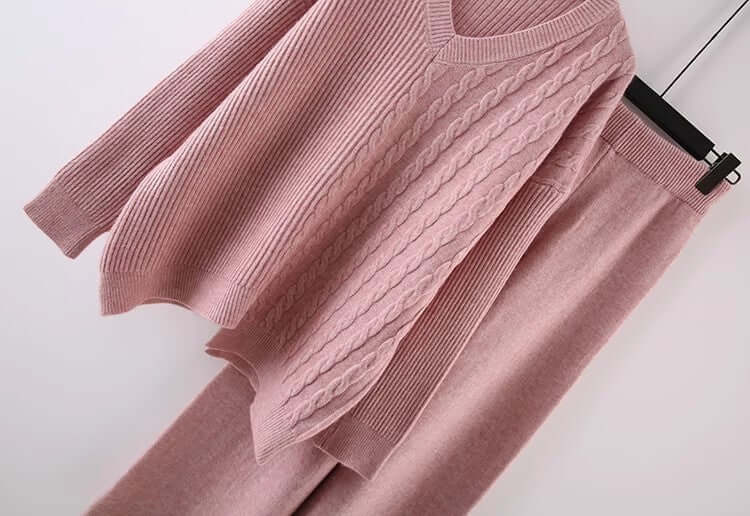 Solid Color And V-neck Sweater Autumn And Winter New Loose Casual Knitted All-matching Wide Leg Pants Two-piece Suit