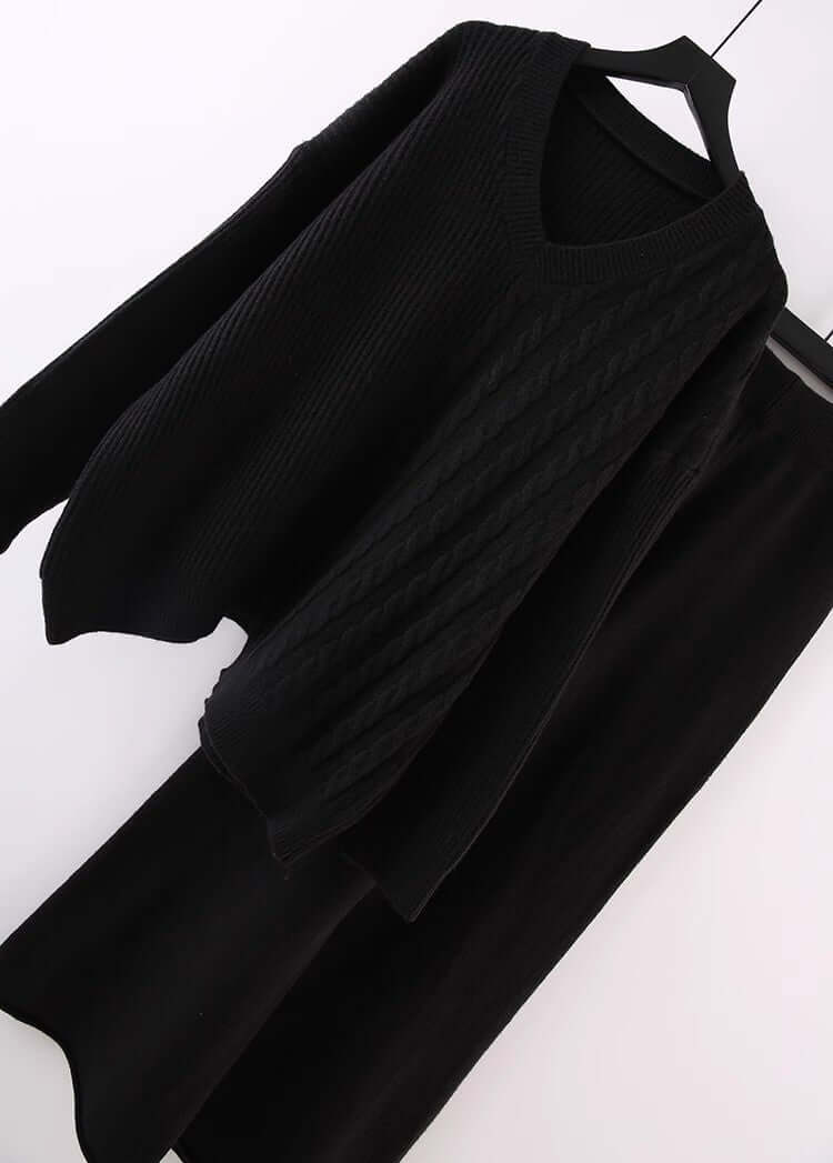 Solid Color And V-neck Sweater Autumn And Winter New Loose Casual Knitted All-matching Wide Leg Pants Two-piece Suit