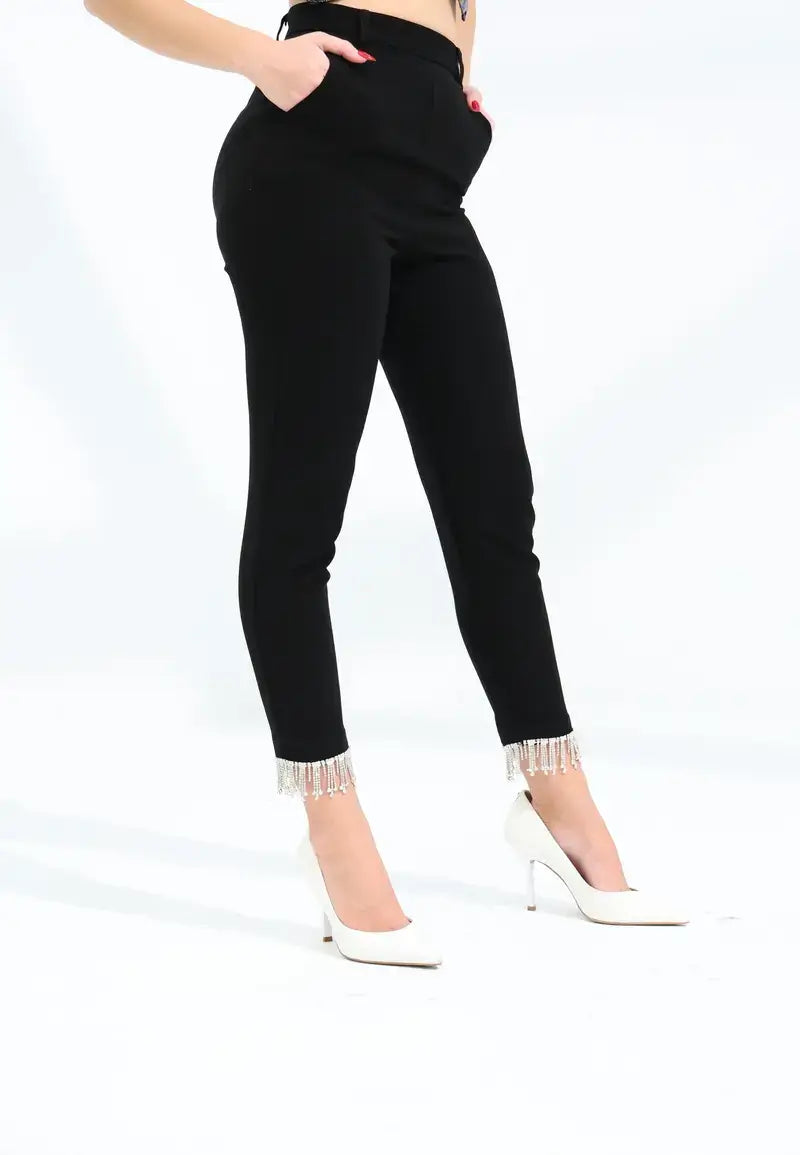 women's pants with silver chains at the bottom
