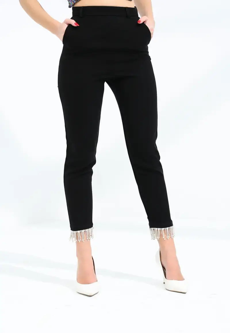 women's pants with silver chains at the bottom