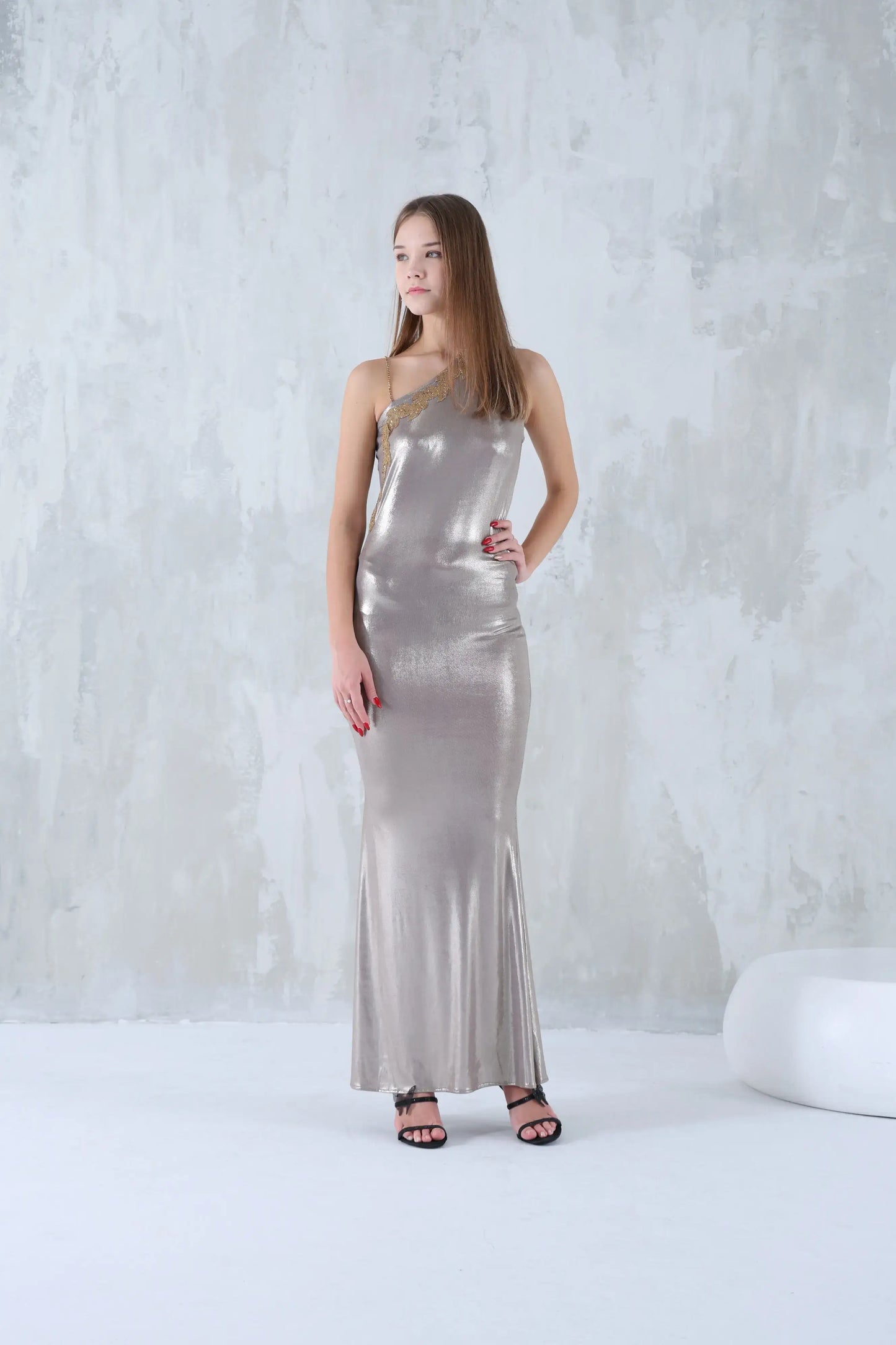 Shiny silver dress with delicate embroidery