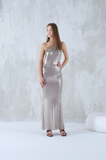 Shiny silver dress with delicate embroidery