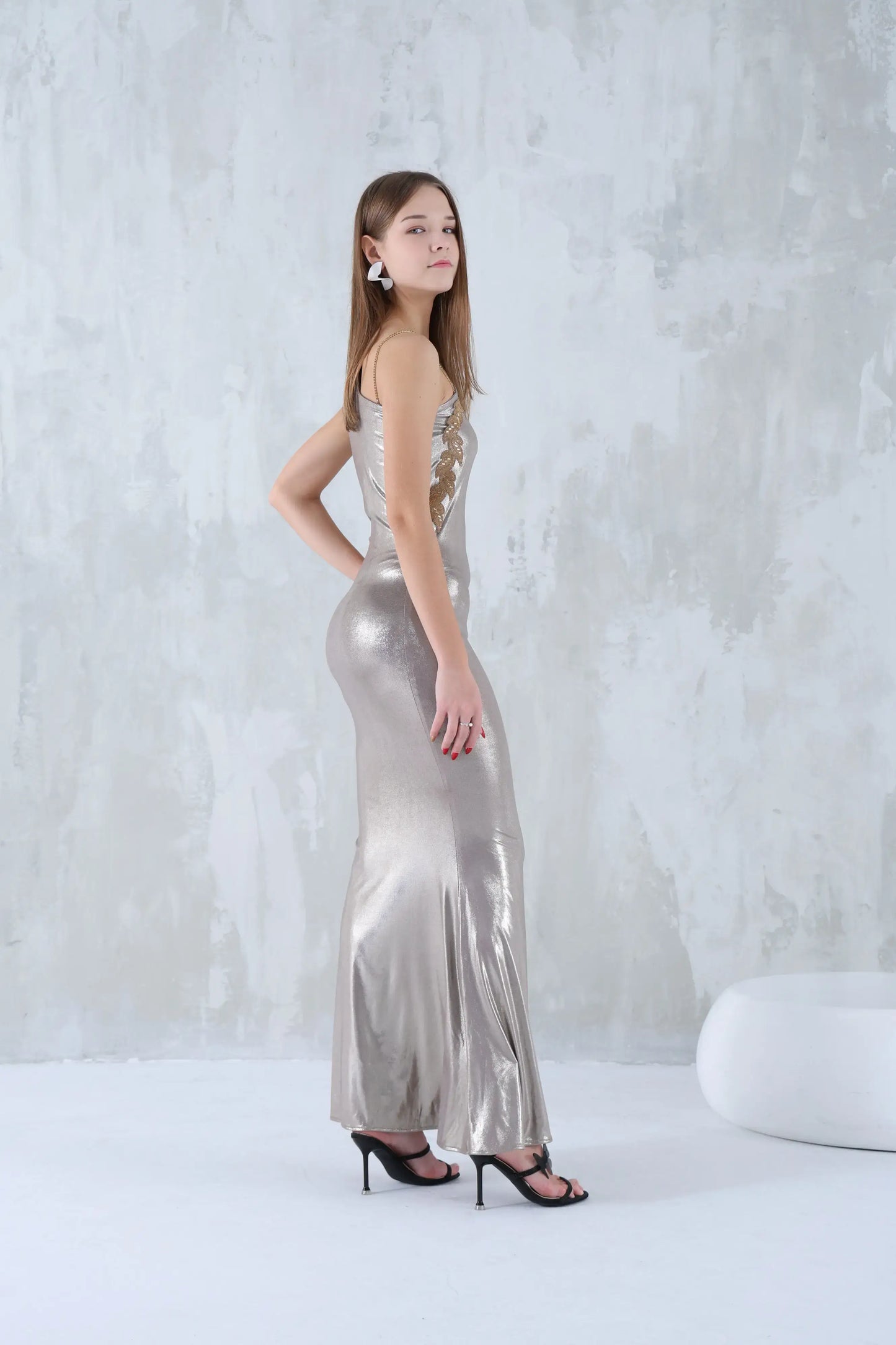 Shiny silver dress with delicate embroidery
