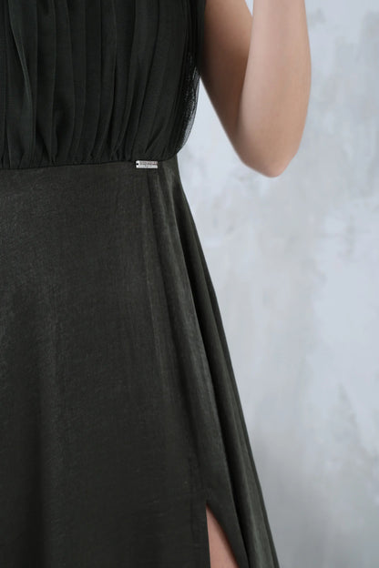 Long olive green sleeveless dress with a round neck